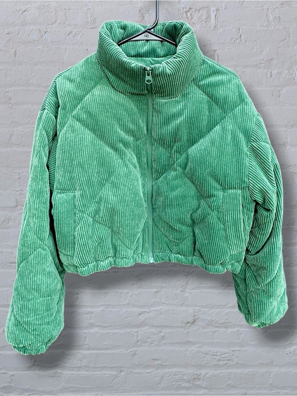 Love Tree Kelly Green Corduroy Cropped Puffer Jacket L Quilted Streetwear Coat - Picture 6 of 15